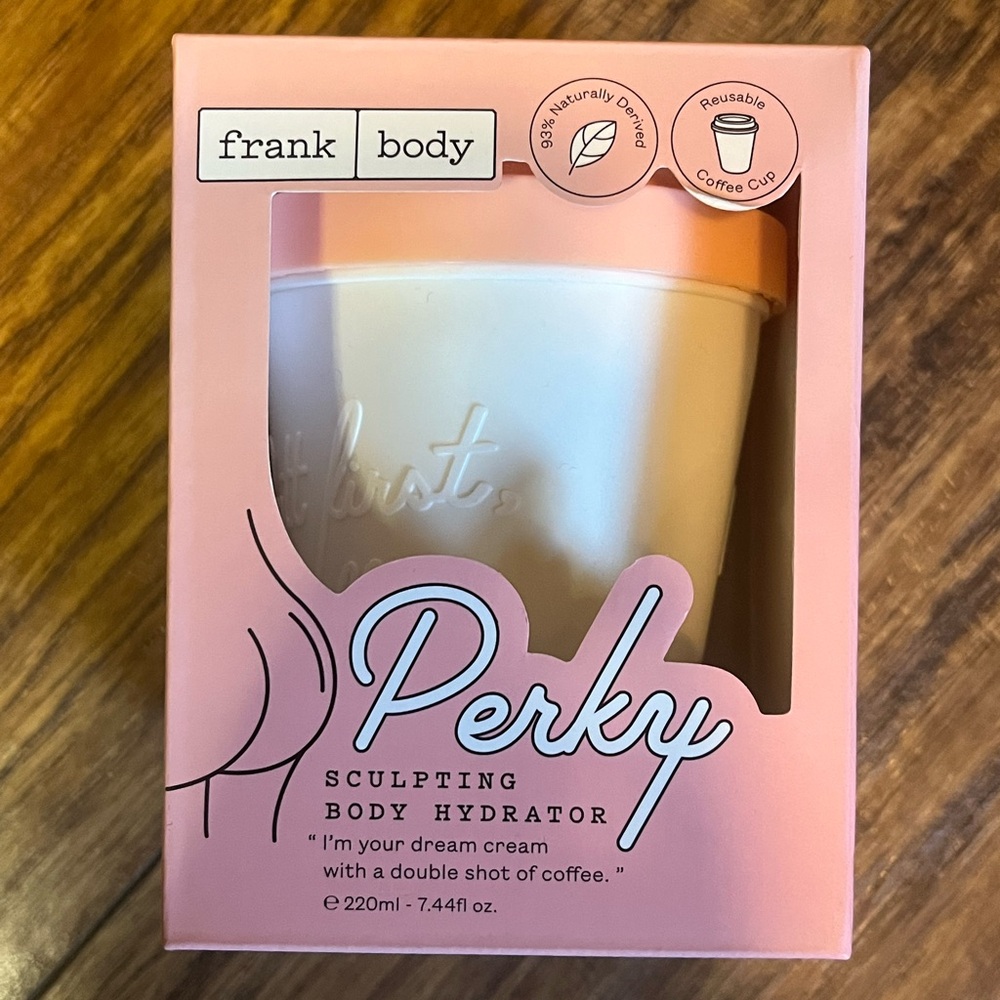 Frank Body perky sculpting body hydrated with reusable coffee cup